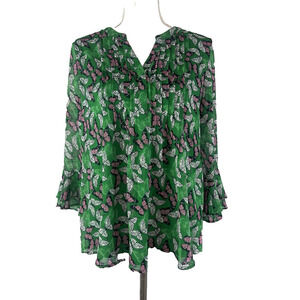 Charter Club Blouse Tunic size Small Green Pink Butterflies Modest Career Casual